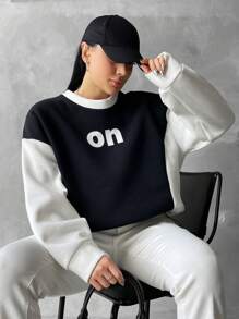 RueChic Plus Letter Graphic Two Tone Drop Shoulder Sweatshirt - Black and White - View 2