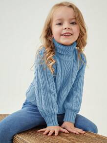 SHEIN Young Girl Turtleneck Cable Knit Sweater - Blue - View 1