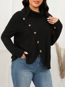 SHEIN LUNE 大尺碼長袖 T 卹,正面紐帶和立領 - 黑色 - 查看 1