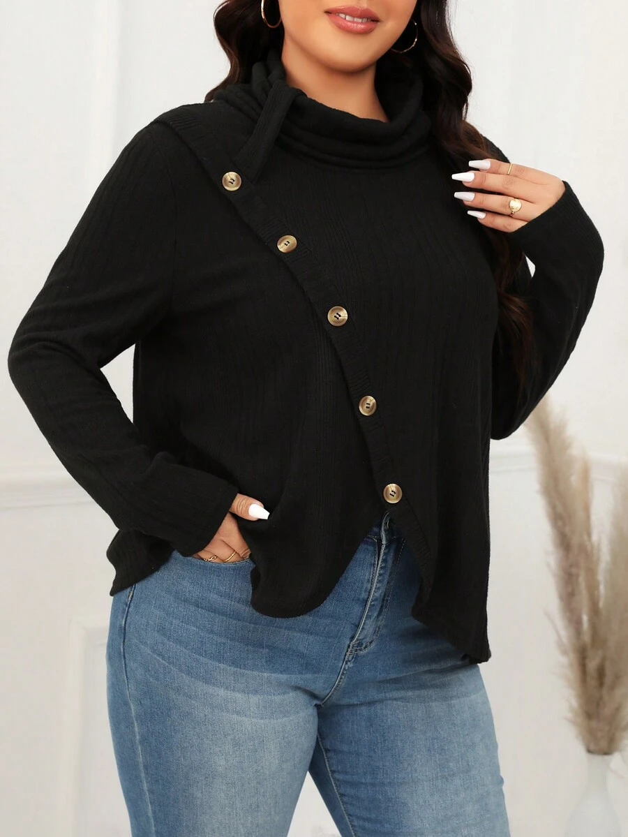 SHEIN LUNE 大尺碼長袖 T 卹,正面紐帶和立領 - 黑色 - 查看 1