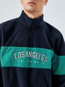 Manfinity RebelGame Áo nỉ nỉ hai tông màu thêu chữ dáng rộng có khóa kéo nửa thân dành cho nam - Màu xanh hải quân - Xem 4