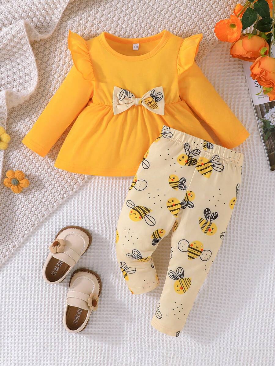 Baby Girl Ruffle Sleeve Bow Bee Printed Long Sleeve Top & Pants 2-Piece Set, Spring & Autumn - Yellow - View 1