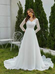 Lace Bodice Open Back Floor Length Wedding Dress - White - View 1