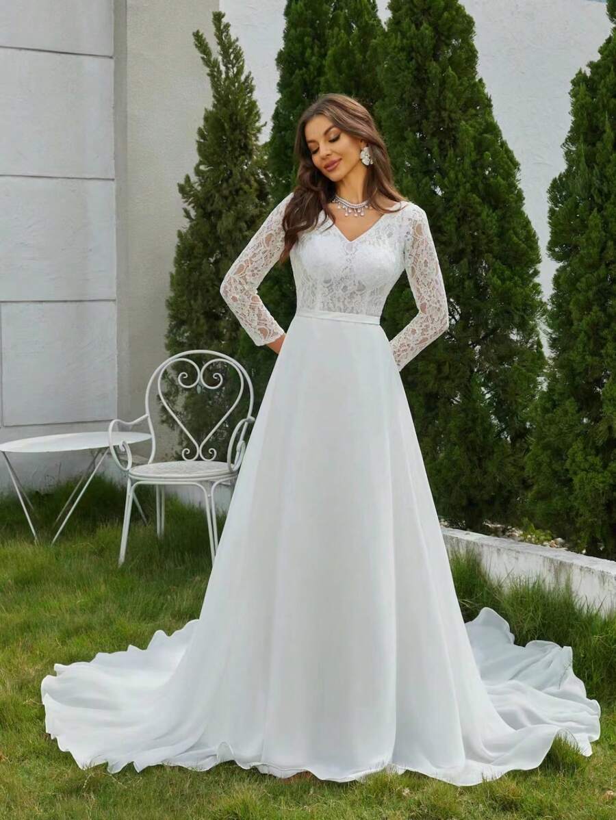 Lace Bodice Open Back Floor Length Wedding Dress - White - View 1