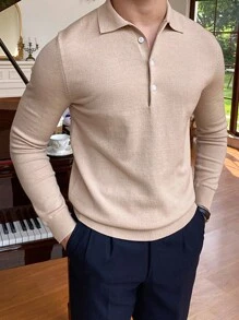 男士針織休閒復古輕熟風長袖毛衣 - 杏色 - 查看 4