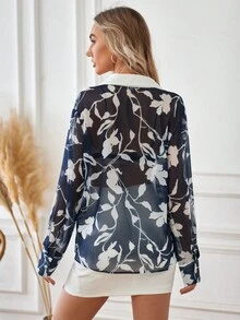 SHEIN Privé 女士葉子印花長袖襯衫