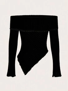 SHEIN ICON Spring Black Off Shoulder Asymmetrical Hem Tee - Black - View 2