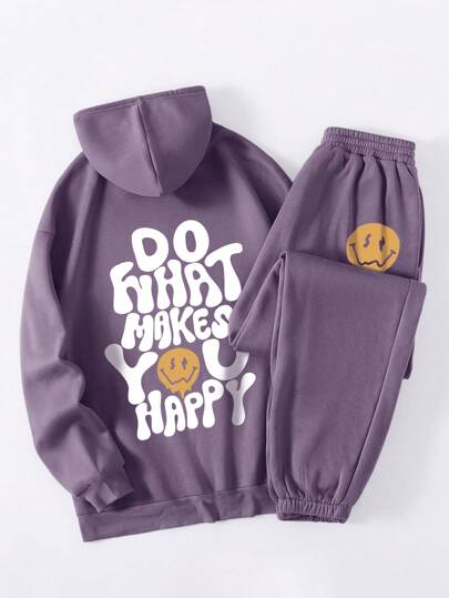 INAWLY Ensemble de survêtement femme avec sweat-shirt en polaire imprimé lettres et sourire de dessin animé, et pantalon de survêtement assorti