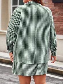 Celure Plus Size 2pcs Houndstooth Drop Shoulder Sleeve Shirt And Skirt Set