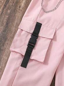 少女側翻口袋和鏈子細節多口袋褲 - 淺粉色 - 查看 3