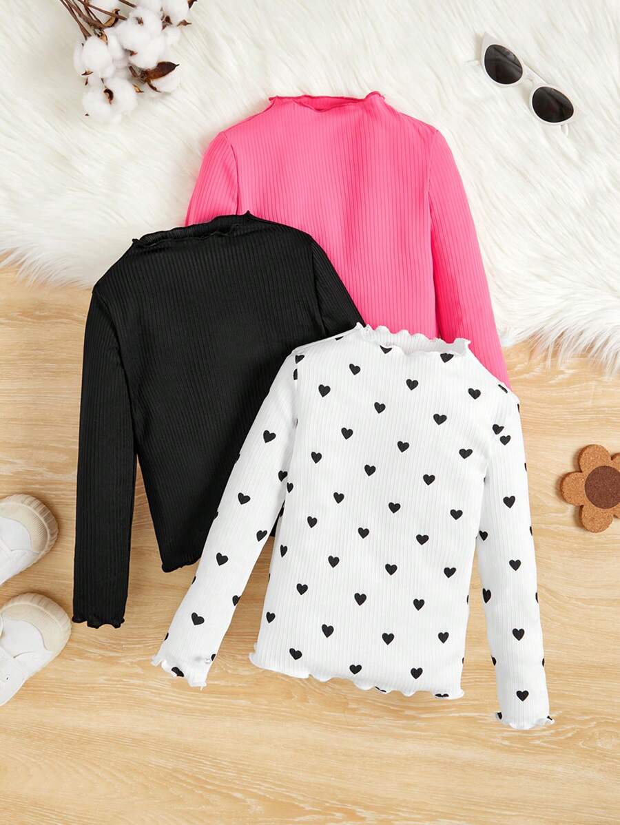 SHEIN 女小童3入組愛心圖案木耳邊小高領T恤 - 玫紅色 - 查看 1