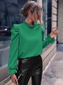 SHEIN Clasi 褶邊立領與蕾絲袖襯衫