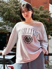 Dazy Petite Plus In thư Thả vai Áo nỉ - Xám - Xem 3