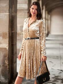 SHEIN Clasi Chất rắn Nút phía trước Váy sơ mi Không có thắt lưng - Màu Khaki - Xem 5