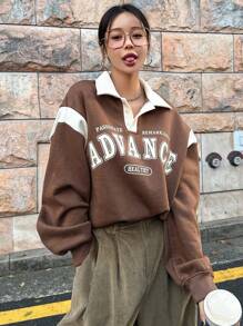 Dazy Star Letter Graphic Contrast Collar Drop Shoulder Sweatshirt