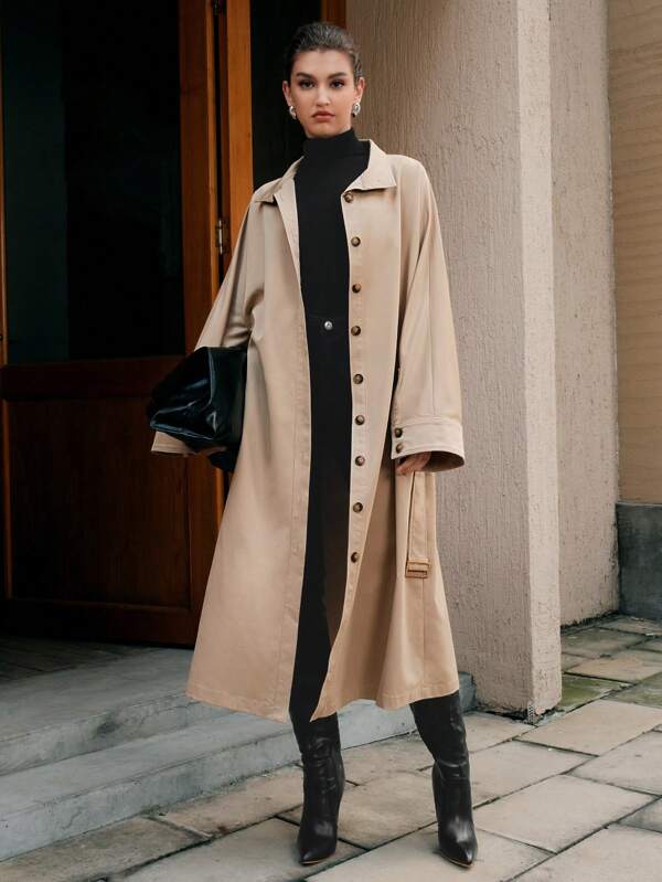 Anewsta Casaco trench coat feminino de abotoamento simples e manga sino