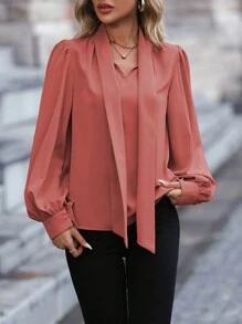 SHEIN LUNE 純色綁帶前裝襯衫 - 紅木色 - 查看 3