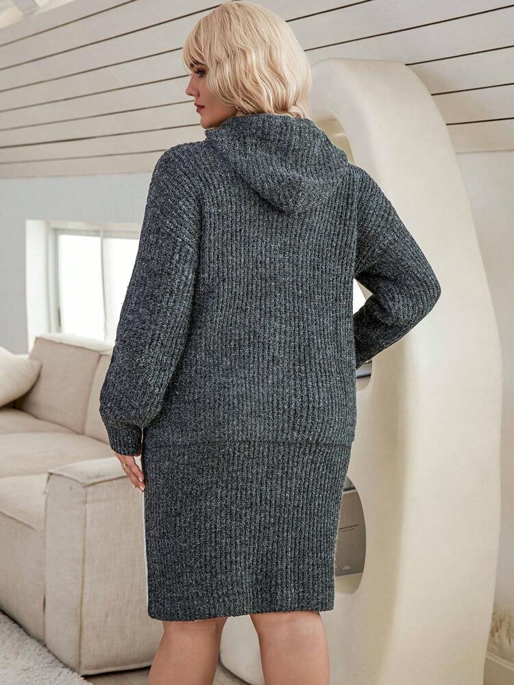 Plus Star Pattern Drop Shoulder Zip Up Drawstring Hooded Cardigan & Knit Skirt