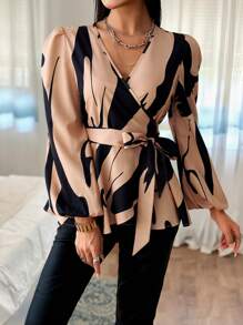 SHEIN Privé 女士印花燈籠袖包身襯衫 - 杏色 - 查看 1