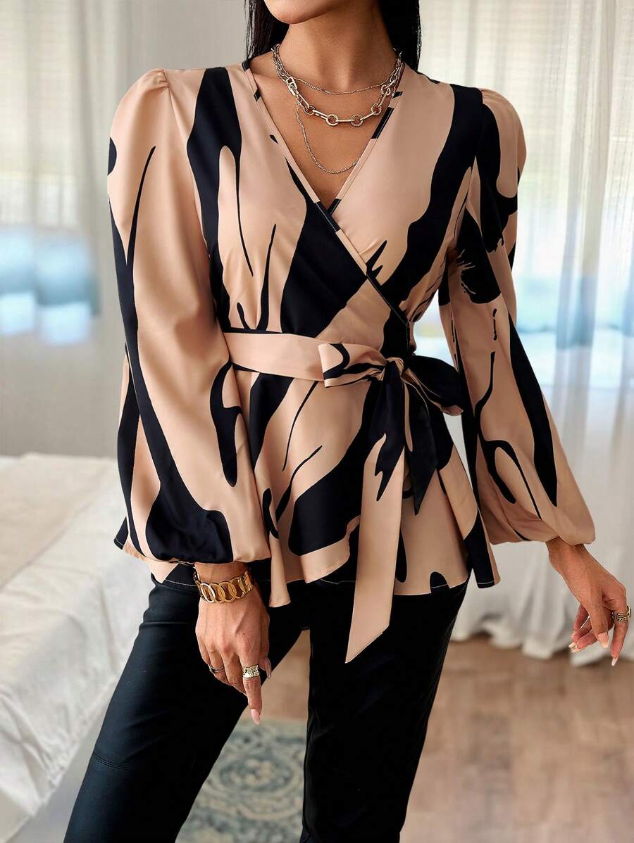 SHEIN Privé 女士印花燈籠袖包身襯衫 - 杏色 - 查看 1