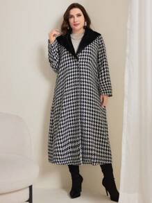 Modelyn Áo khoác ngoài Houndstooth Color Block cỡ lớn cho mùa đông - Đen và trắng - Xem 3