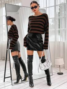 SHEIN Essnce Women's Striped Drop Shoulder Sweater - Brown - View 4