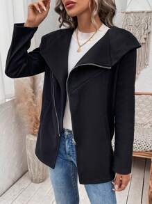 SHEIN LUNE Của phụ nữ Có khóa kéo Len Áo khoác - màu đen - Xem 5