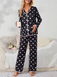 Moonlight&Mama Maternity Love Print Contrast Trim Pajama Set For Mother - Black - View 6