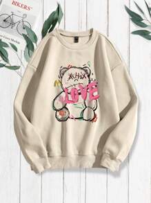 SHEIN Unity Quý cô Gấu Hoạt hình In Lông cừu Áo nỉ - Màu Khaki - Xem 1