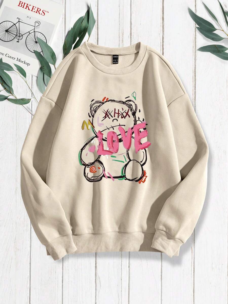 SHEIN Unity Quý cô Gấu Hoạt hình In Lông cừu Áo nỉ - Màu Khaki - Xem 1