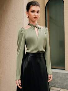 Solid Color Hollow Out Puff sleeve Shirt - Army Green - View 1