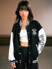 Harry Potter | ROMWE Letter Print Contrast Drop Shoulder Baseball Jacket, School