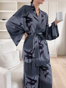 DAZY 女士漸變植物印花腰帶上衣和褲子睡衣套裝 - 深灰色 - 查看 4