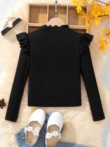 SHEIN 少女荷葉邊細節鈕扣t恤 - 黑色 - 查看 2