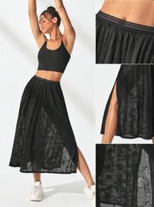 Lifespree Solid Split Thigh Pleated Mesh Overlay Skirt - Black - View 4