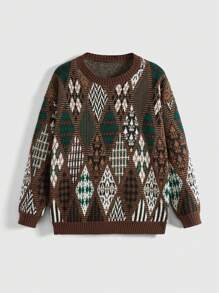 ROMWE Fairycore Chandail casual à col rond à manches longues avec motif géométrique hippie pour femmes, convient pour l'automne/hiver