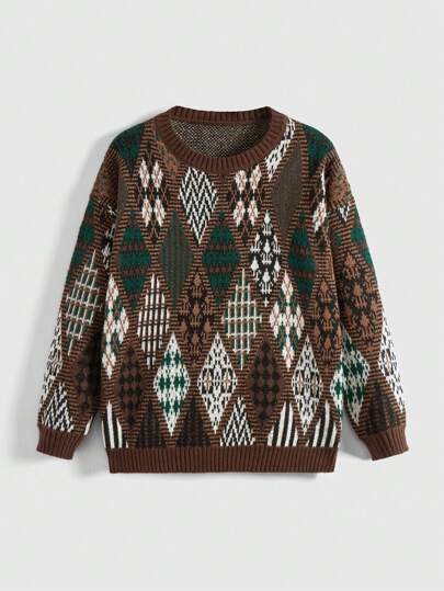 Fairycore Jersey informal de cuello redondo de manga larga con patrón geométrico para mujer tipo hippie, adecuado para otoño/invierno