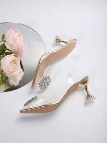 Women's Elegant Round Crystal Shiny Diamond High Heel Pumps With Unique Heel Design - Gold - View 6