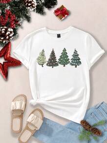 SHEIN EZwear 1 Miếng Cây thông Noel Áo thun - trắng - Xem 1