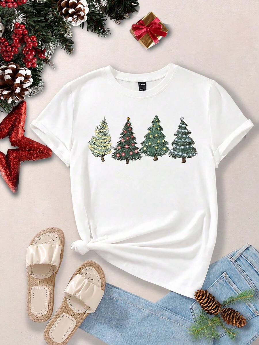 SHEIN EZwear 1 Miếng Cây thông Noel Áo thun - trắng - Xem 1