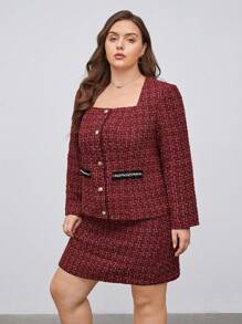 BizChic Hơn Hoa văn kẻ sọc Cổ vuông Tweed Áo khoác & Váy - Đỏ - Xem 4