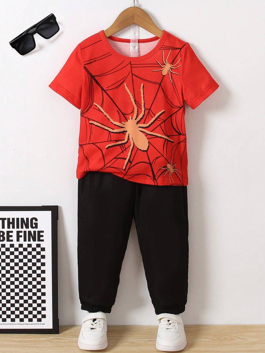 SHEIN 2 件裝幼兒男孩休閒蜘蛛印花短袖 T 恤和慢跑套裝 - 彩色 - 查看 1