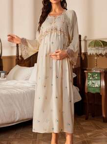 Moonlight&Mama 孕妇花卉刺绣网眼饰边喇叭袖睡裙，适合妈妈、睡衣裙 - 杏色 - 查看 3