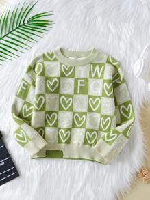 SHEIN Young Boy Checker & Heart Pattern Drop Shoulder Sweater - Green - View 1