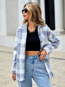 EURMUSE Plaid Pattern Drop Shoulder Coat - Light Grey - View 1