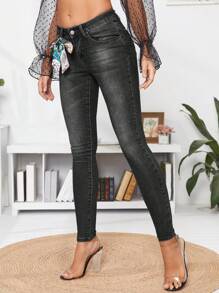 EURMUSE Washed Skinny Denim Jeans - Dark Grey - View 3