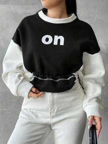 RueChic Plus Letter Graphic Two Tone Drop Shoulder Sweatshirt - Black and White - View 5