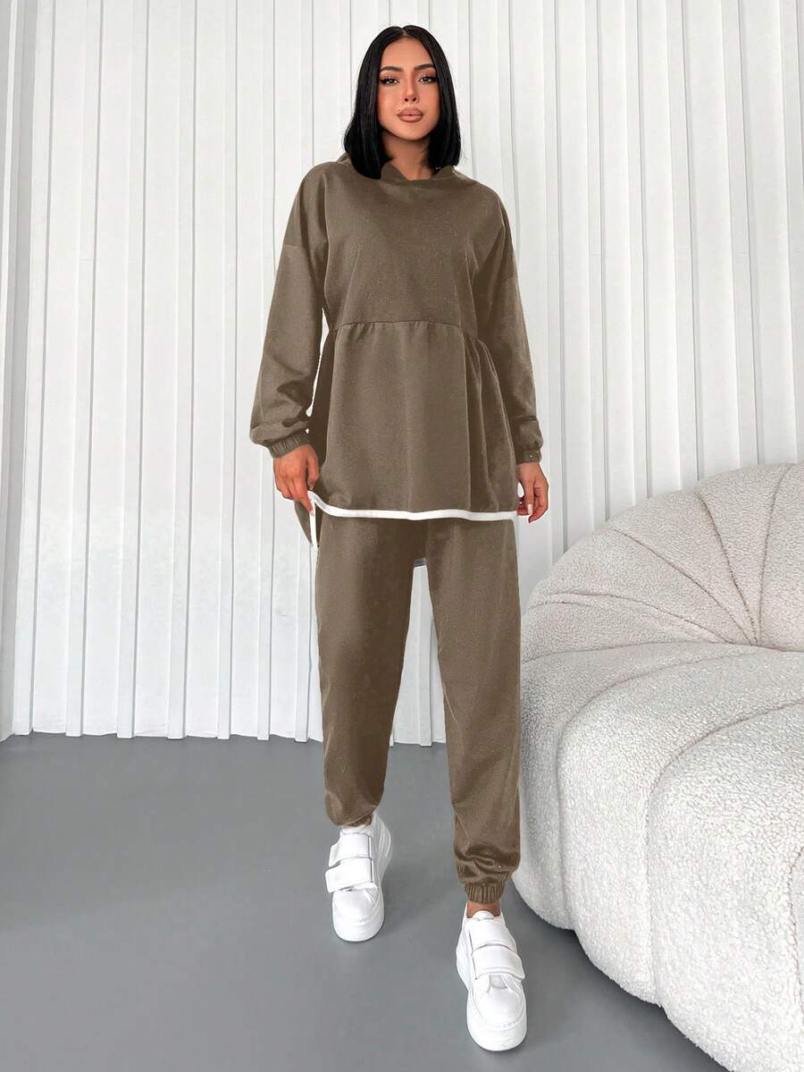SHEIN Cottnline Thả vai Peplum Hem Áo Hoodie & Quần thể thao - màu nâu - Xem 1