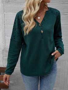 EMERY ROSE 女士豹紋網眼針織下垂肩t恤 - 墨綠色 - 查看 3