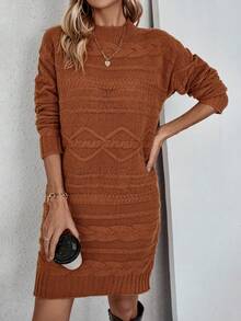 SHEIN LUNE Màu thuần Dệt kim Tay áo dài Đầm Áo len - Rỉ Nâu - Xem 5